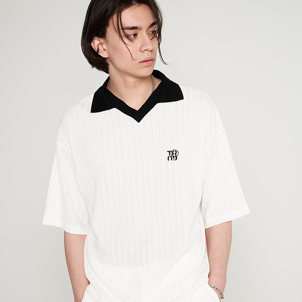 tnr V-neck embroidered collar knit T-shirt white